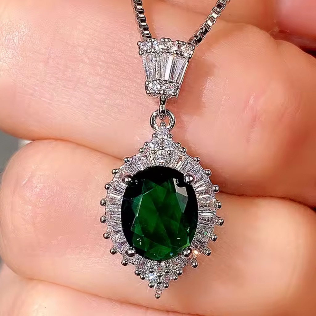 Timeless Emerald Green Oval Cz Diamond Halo Pendant Necklace
